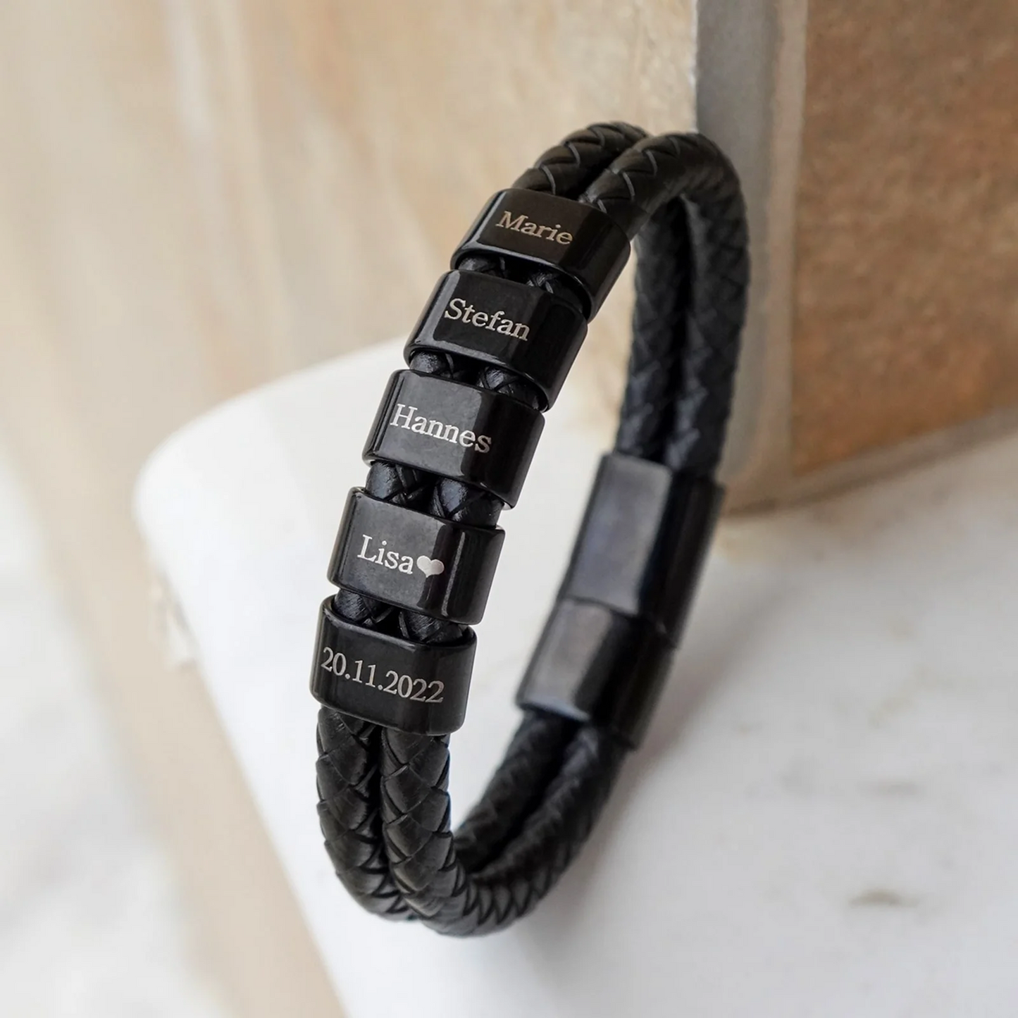 Engraved Leather Bead Bracelet