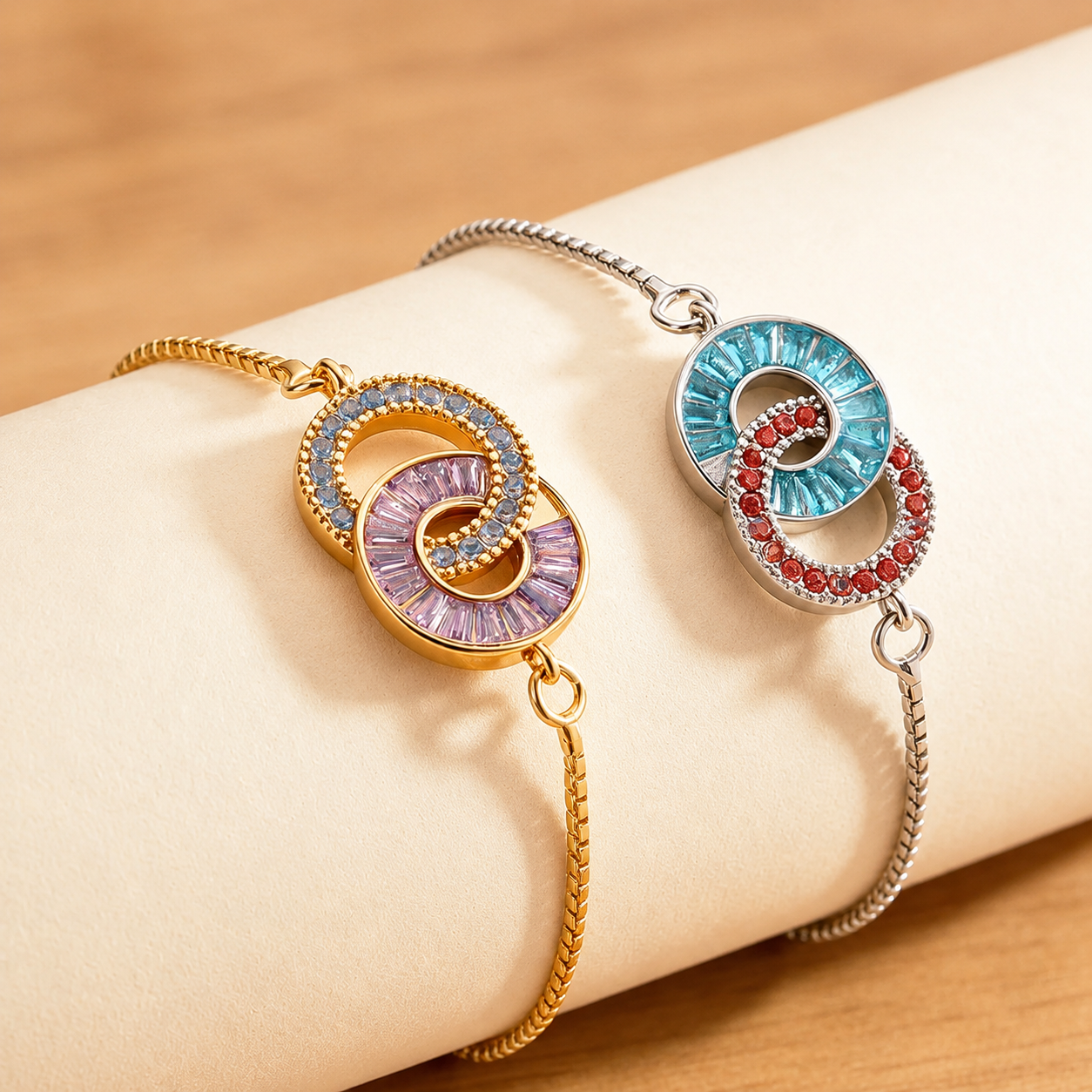 Geburtssteinarmband mit zwei verbundenen Ringen