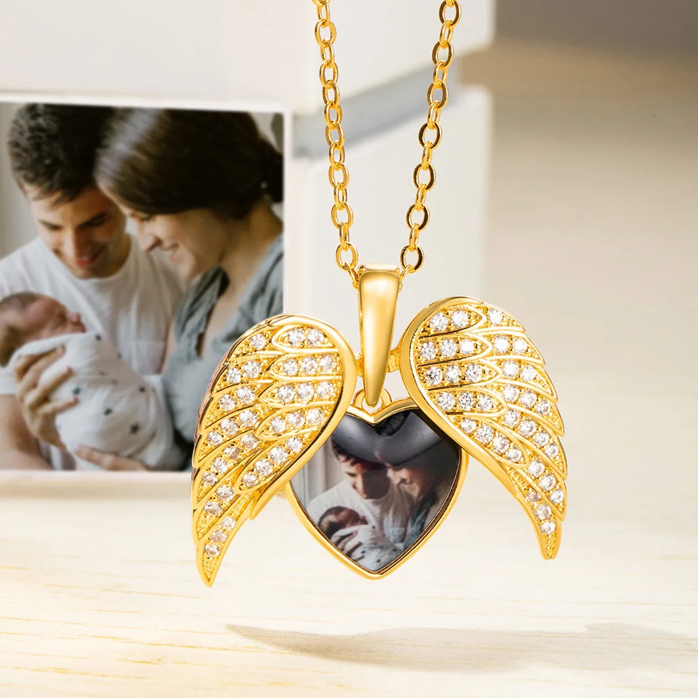 Collar corazón con foto y alas de ángel