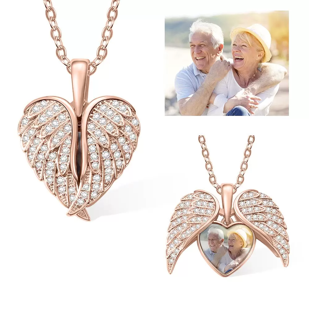 Custom Angel Wings Heart Photo Necklace